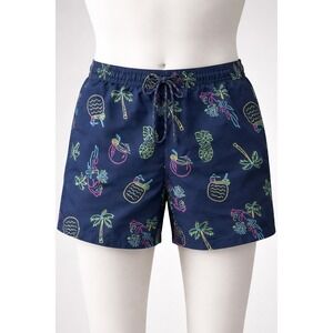 No Boundaries Mens Neon Tropical Swim Trunks Navy Blue Parrot Palm Tree Small